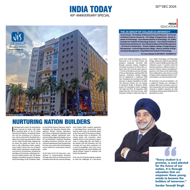 JIS GROUP FEATURED IN INDIA TODAY’s  49th ANNIVERSARY SPECIAL ISSUE